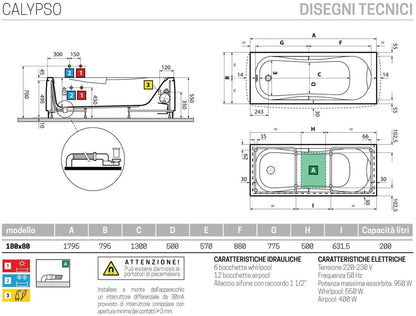 Novellini Calypso Vasca Bagno Versione Hydro Plus Misura 180x80 H55 cm Idromassaggio Whirlpool 6 Getti Disinfezione Airpool 12 Jets Installazione Destra Forma Esterna Rettangolare Interna ad Otto 2 Pannelli Colore Bianco Lucido Colonna Rubinetto Cuscino