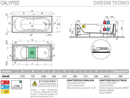 Novellini Calypso Vasca Bagno Versione Hydro Plus Misura 180x80 H55 cm Idro Whirlpool 6 Getti Disinfezione Airpool 12 Jets Installazione Sinistra Forma Esterna Rettangolare Interna ad Otto Senza Pannelli Colore Bianco Lucido Colonna Rubinetto Cuscino
