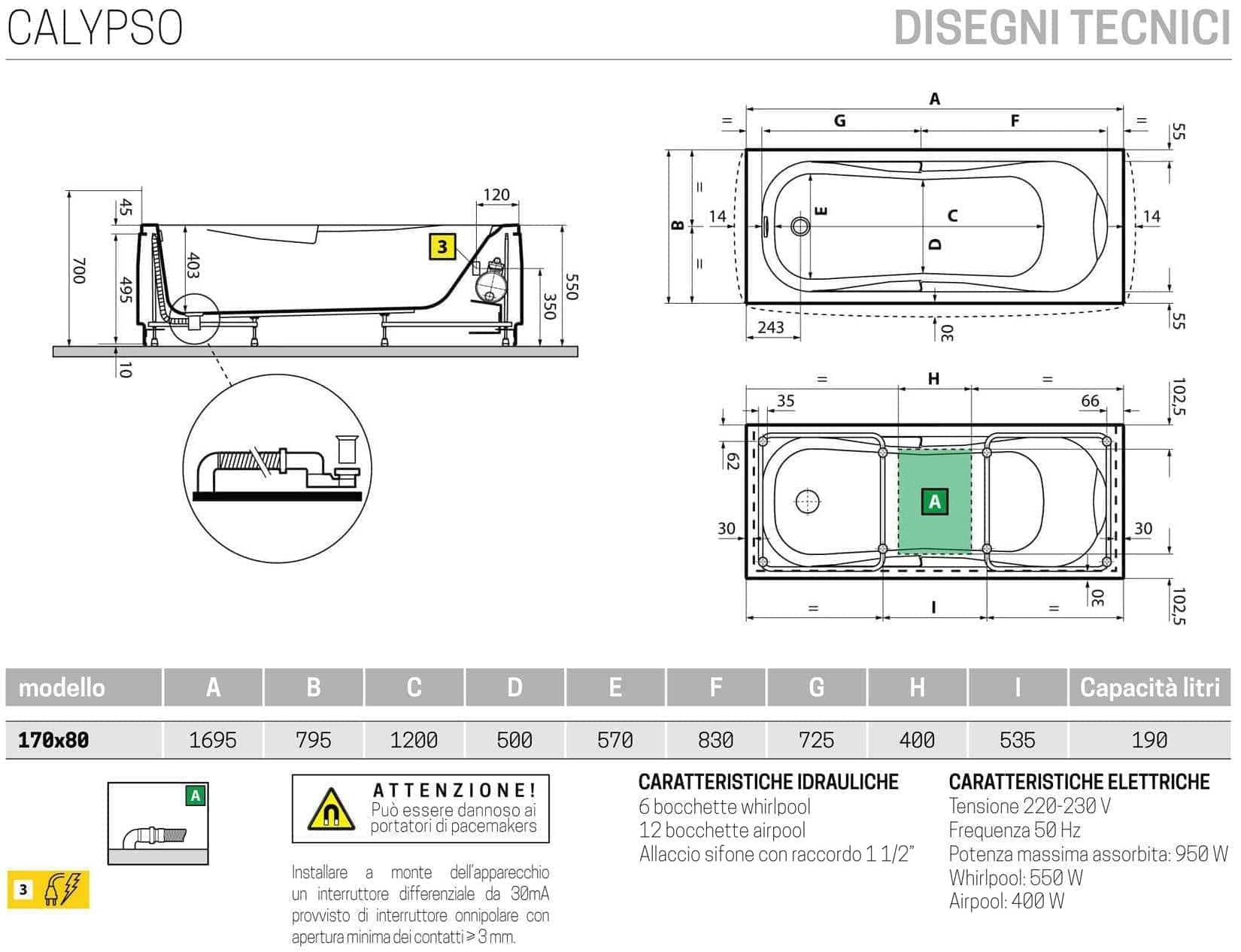 Novellini Calypso Vasca Bagno Versione Hydro Plus Misura 170x80 H55 cm Idromassaggio Whirlpool 6 Getti Disinfezione Airpool 12 Jets Installazione Destra Forma Esterna Rettangolare Interna ad Otto 2 Pannelli Colore Bianco Lucido Colonna Poggiatesta
