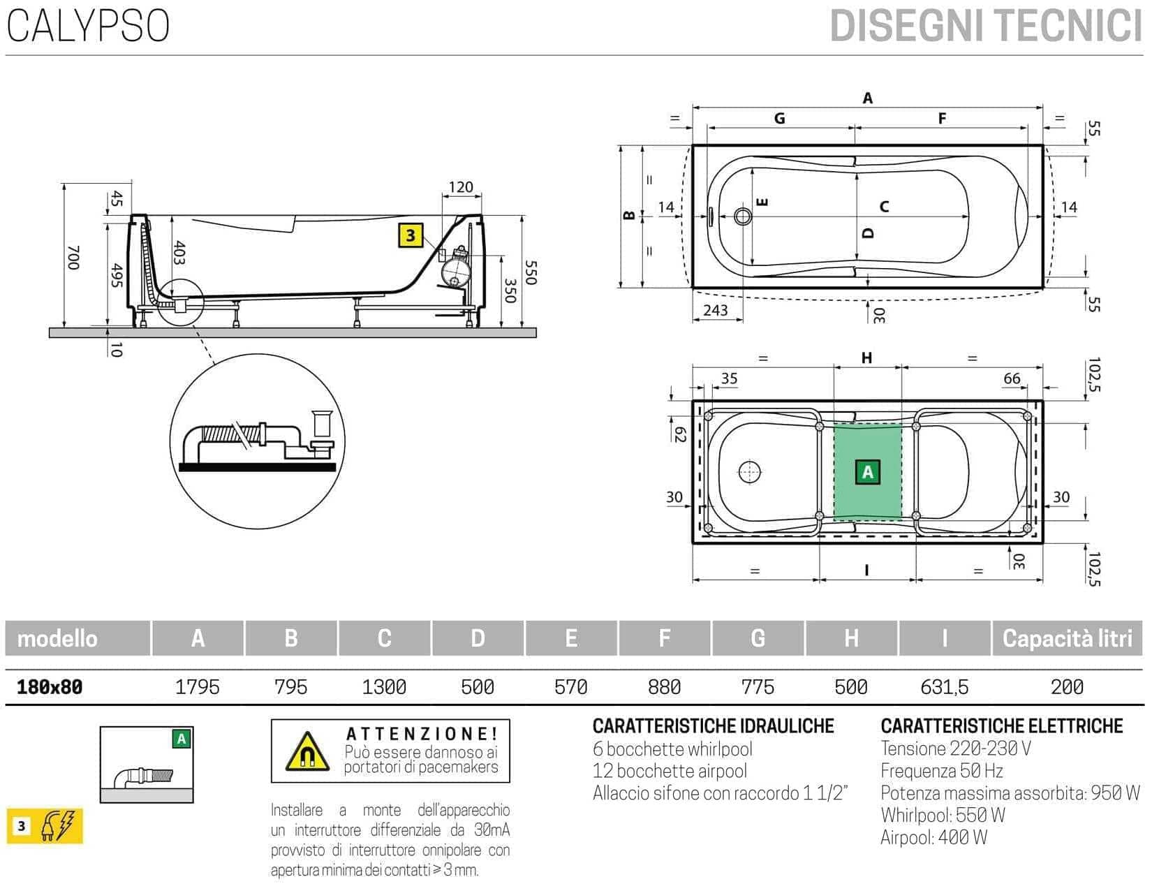 Novellini Calypso Vasca Bagno Versione Hydro Plus Misura 180x80 H55 cm Idromassaggio Whirlpool 6 Getti Disinfezione Airpool 12 Jets Installazione Destra Forma Esterna Rettangolare Interna ad Otto 2 Pannelli Colore Bianco Lucido Colonna Poggiatesta