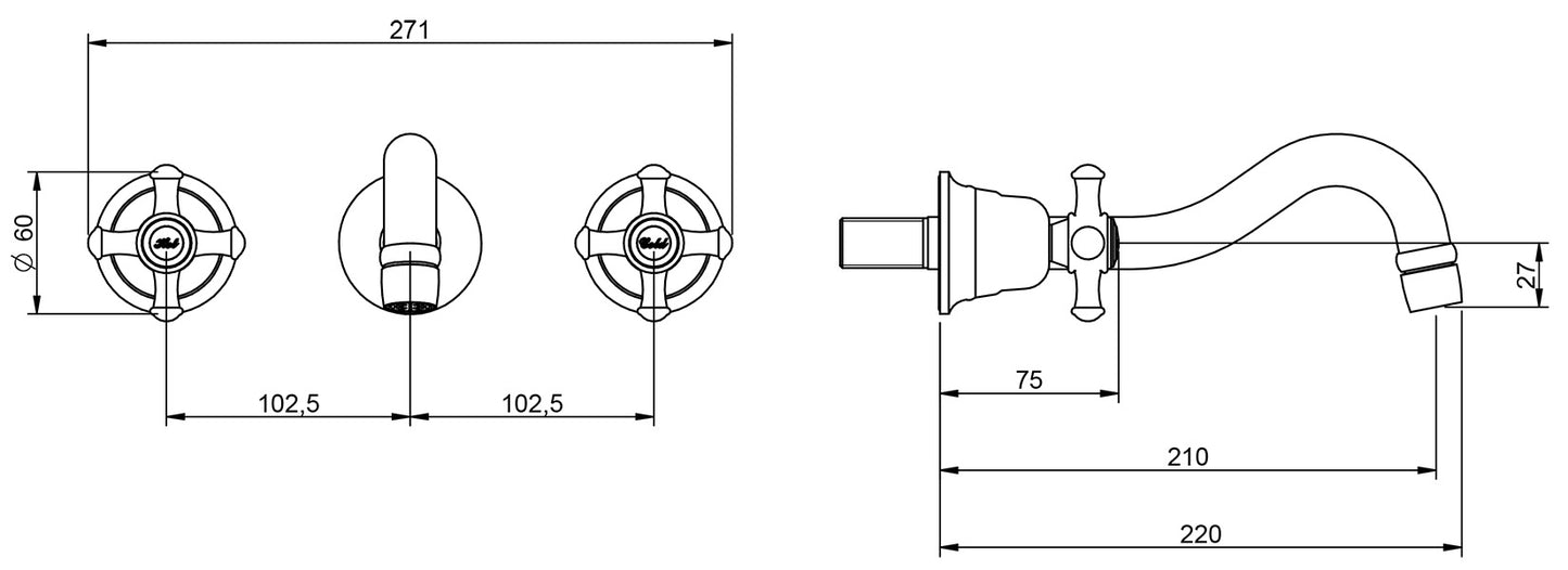 Rubinetterie Treemme 3M OLD ITALY RWIT 4452 CC 50 + RWIT 3A60 ZZ 02 Miscelatore Gruppo Lavabo Incasso A Muro 210 mm 3 Fori Materiale Ottone Finitura Cromata