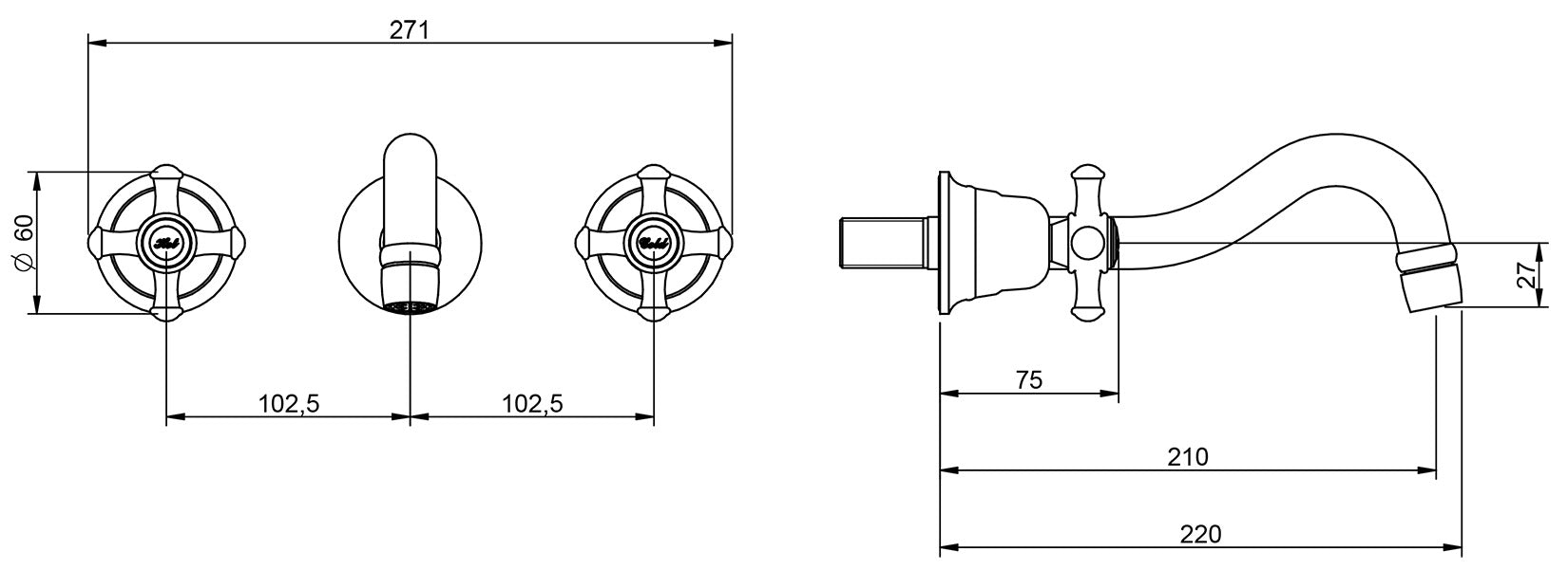 Rubinetterie Treemme 3M OLD ITALY RWIT 4452 CC 50 + RWIT 3A60 ZZ 02 Miscelatore Gruppo Lavabo Incasso A Muro 210 mm 3 Fori Materiale Ottone Finitura Cromata