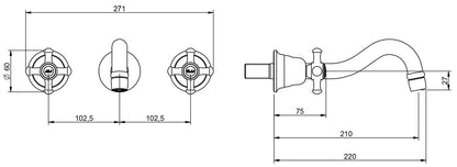 Rubinetterie Treemme 3M OLD ITALY RWIT 4452 CC 50 + RWIT 3A60 ZZ 02 Miscelatore Gruppo Lavabo Incasso A Muro 210 mm 3 Fori Materiale Ottone Finitura Cromata