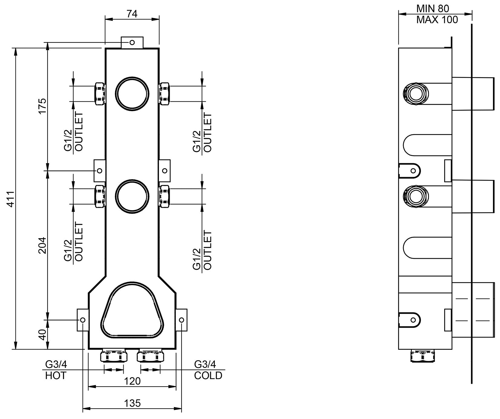 Rubinetterie Treemme 3M Appia RWIT 3C74 CC AO + RWIT 7274 ZZ 40 Miscelatore Doccia Termostatico Incasso 2 Uscite Parete 3 Fori 3 Manopole Parte Interna Esterna Incluse Stile Classico Contemporaneo Senza Piastra Materiale Ottone Finitura Cromata