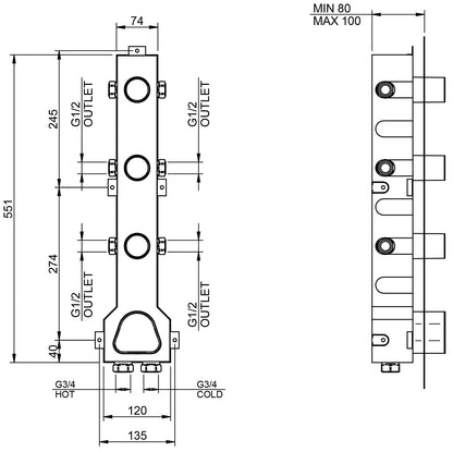 Rubinetterie Treemme 3M Appia RWIT 3C75 CC AO + RWIT 7275 ZZ 40 Miscelatore Doccia Termostatico Incasso 3 Uscite Parete 4 Fori 4 Manopole Parte Interna Esterna Incluse Stile Classico Contemporaneo Senza Piastra Materiale Ottone Finitura Cromata