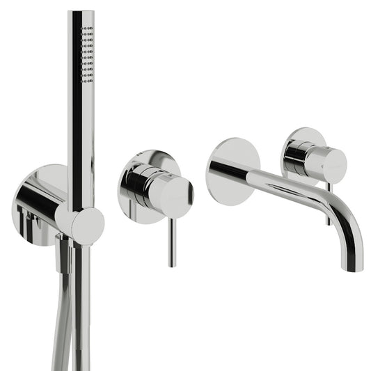 Rubinetterie Treemme 3M X-Change_mono RWIT 75D8 CC 01 + RWIT 51D7 ZZ 12 Miscelatore Vasca / Doccia Incasso Muro Meccanico Parte Interna Esterna Inclusa 4 Fori Senza Piastra Staffa Cartongesso Ottone Cromato 2 Leve Stile Moderno Doccetta Flessibile