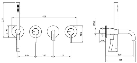 Rubinetterie Treemme 3M X-Change_mono RWIT 75D8 CC 01 + RWIT 51D7 ZZ 12 Miscelatore Vasca / Doccia Incasso Muro Meccanico Parte Interna Esterna Inclusa 4 Fori Senza Piastra Staffa Cartongesso Ottone Cromato 2 Leve Stile Moderno Doccetta Flessibile