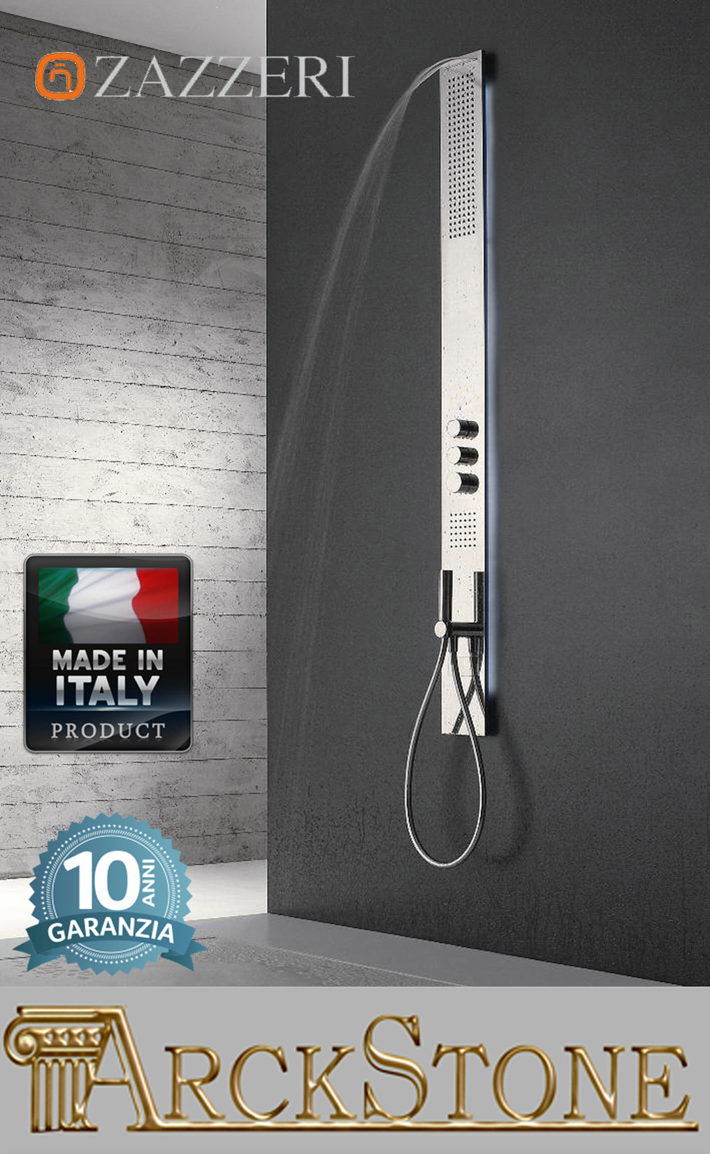 Colonna doccia multifunzione attrezzata acciaio spazzolato marca Zazzeri modello Obliqua idromassaggio idro quattro uscite Flyfall incasso miscelatore rubinetto termostatica soffione piano anticalcare cascata arredamento bagno doccetta flessibile getti