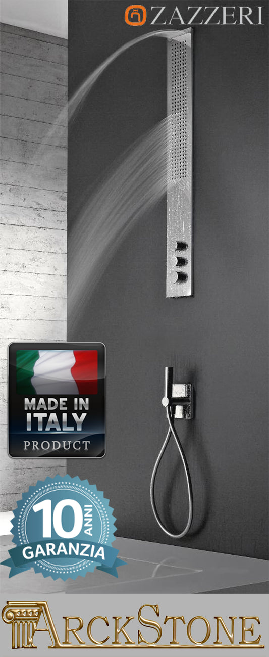 Colonna doccia 2 pezzi multifunzione attrezzata acciaio Inox spazzolato marca Zazzeri modello Obliqua idromassaggio idro quattro uscite Flyfall incasso miscelatore rubinetto termostatica soffione piano anticalcare cascata arredamento bagno flessibile PVC