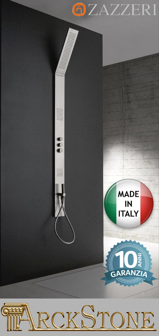 Colonna doccia multifunzione attrezzata acciaio spazzolato marca Zazzeri modello Obliqua idromassaggio idro 4 uscite Flyfall incasso miscelatore rubinetto termostatica soffione inclinato anticalcare cascata bagno doccetta flessibile PVC getti 