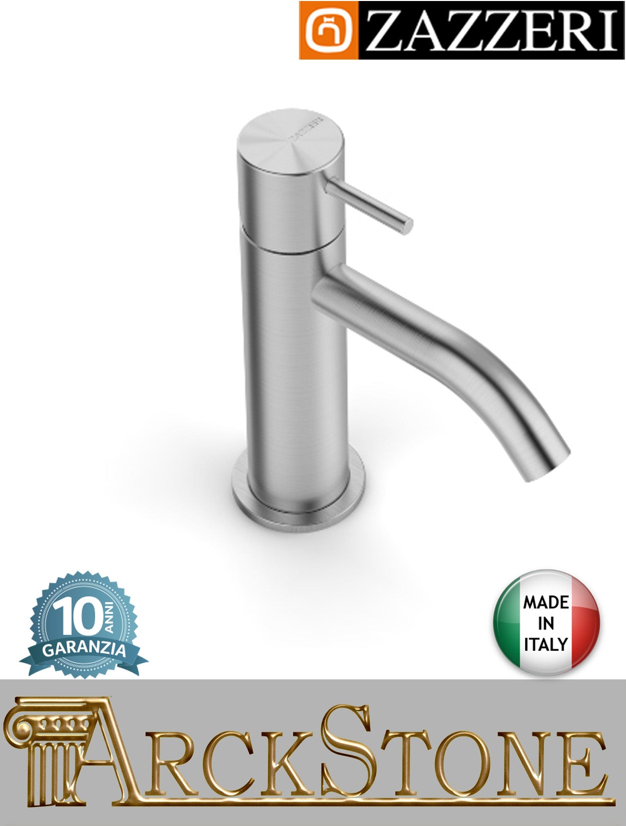 Miscelatore lavabo 110xh60 mm marca Zazzeri modello Z316 Mono finitura acciaio inox spazzolato senza scarico fontana rubinetto rubinetteria acqua arredo bagno appoggio monoforo mix garanzia 10 anni qualità made in italy
