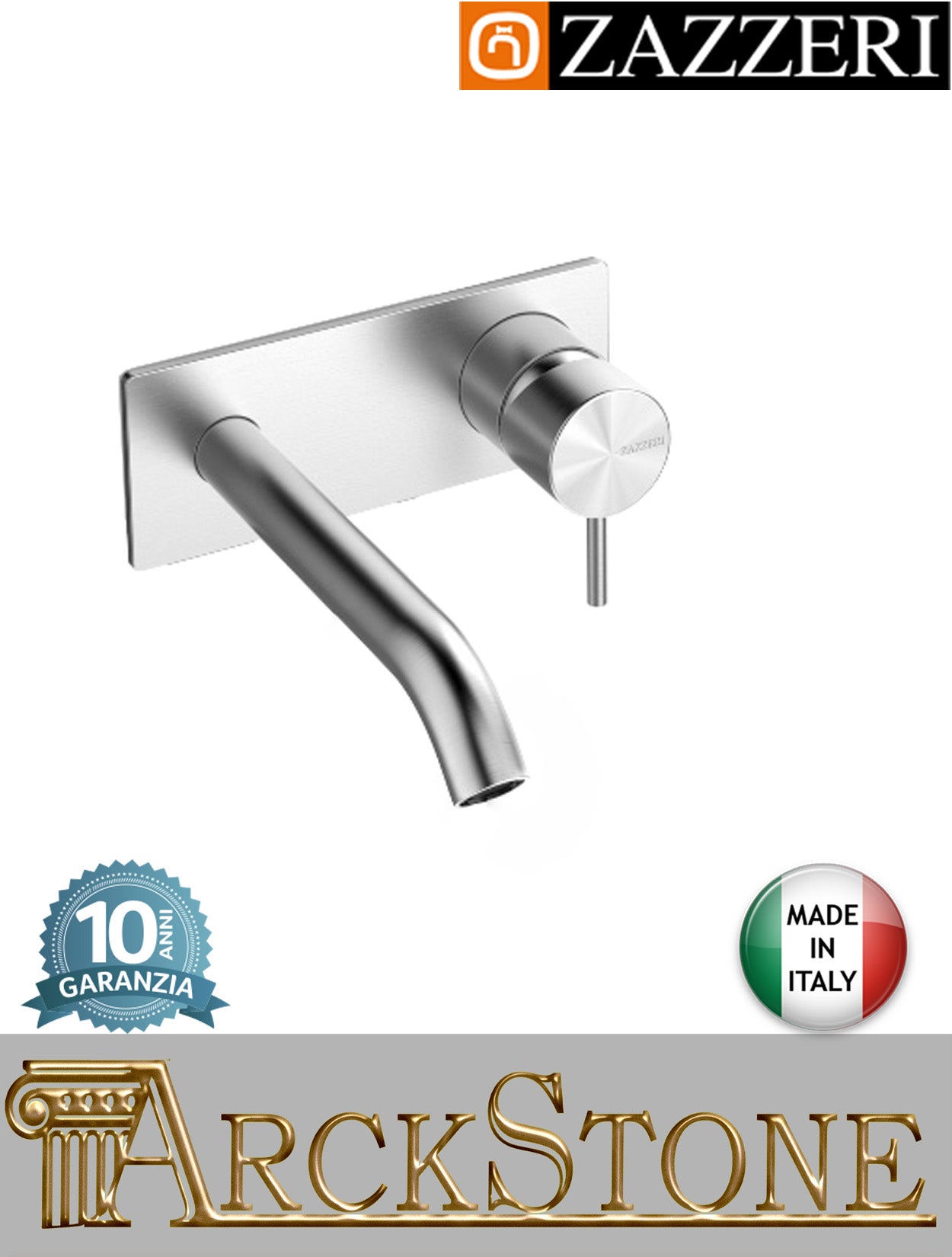 Miscelatore lavabo marca Zazzeri modello Z316 Mono finitura acciaio inox spazzolato parete incasso senza scarico fontana rubinetto getto 190 mm rubinetteria muro arredo bagno completo mix acqua garanzia 10 anni qual