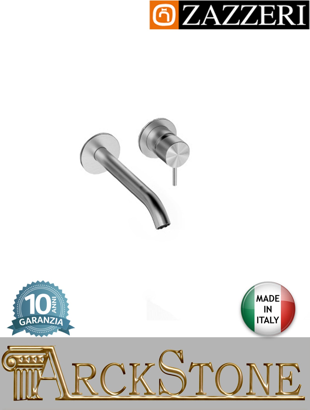 Miscelatore lavabo marca Zazzeri modello Z316 Mono finitura acciaio inox spazzolato parete incasso senza scarico fontana rubinetto getto 190 mm rubinetteria muro arredo bagno senza piastra completo mix acqua qualità