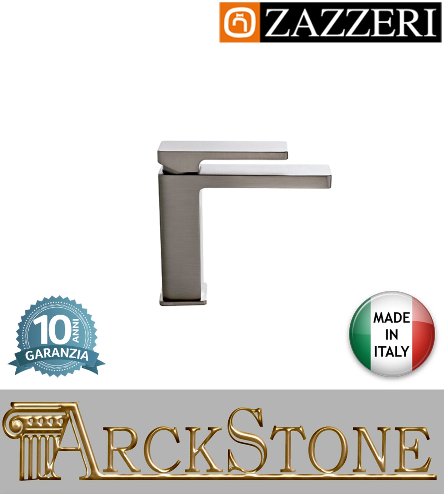 Miscelatore lavabo 125Xh112mm marca Zazzeri modello Qquadro piletta scarico completo ECO finitura acciaio spazzolato appoggio rubinetto rubinetteria arredamento cromo arredo bagno garanzia 10 anni qualità made in italy