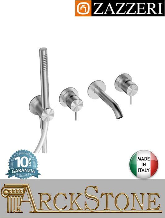 Gruppo due miscelatori vasca marca Zazzeri modello Z316 Mono finitura acciaio inox spazzolato rubinetto rubinetteria senza piastra fontana parete incasso completo muro acqua doccetta attacco flessibile garanzia 10 anni