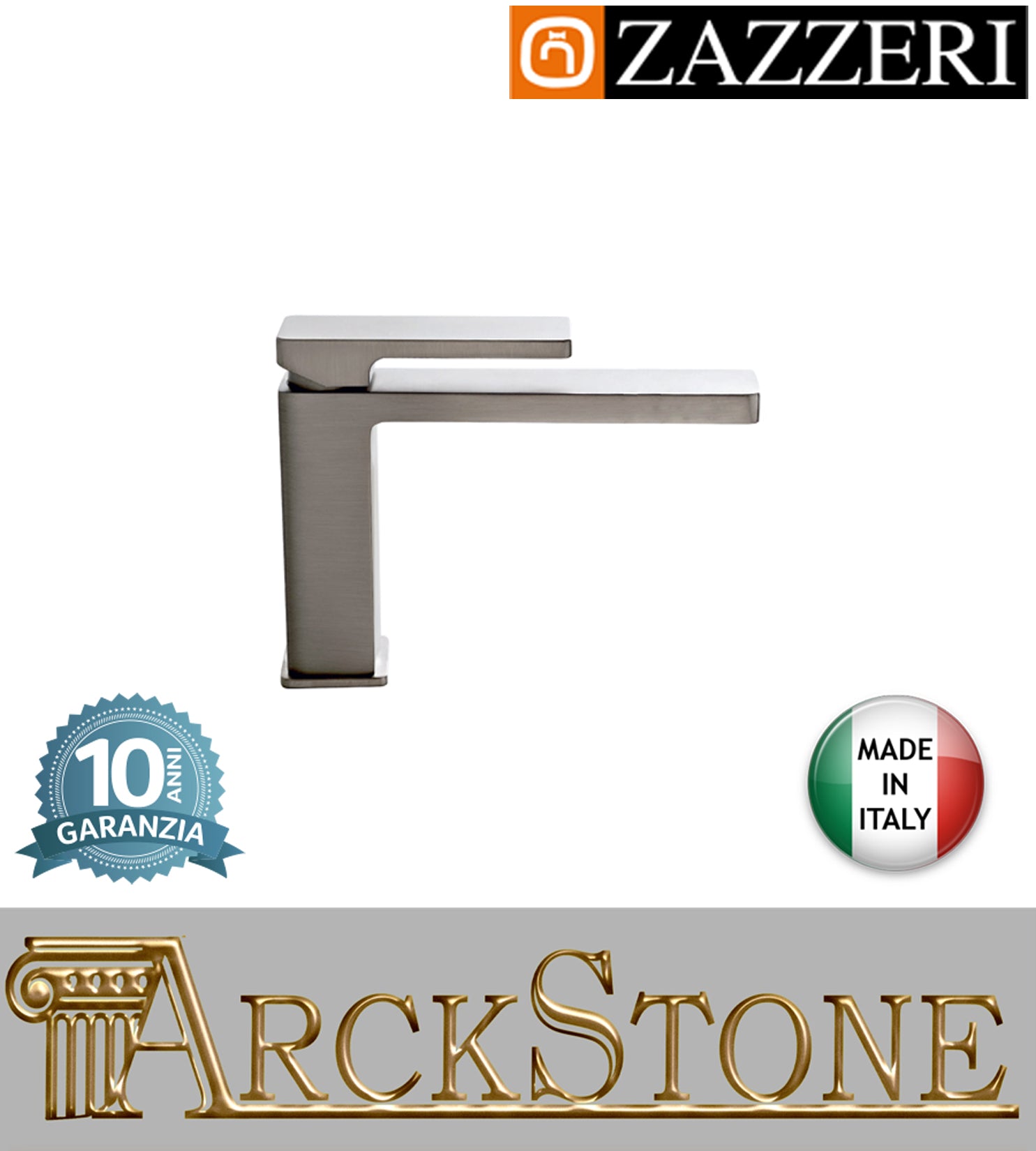 Miscelatore lavabo 170xh112mm marca Zazzeri modello Qquadro senza piletta scarico completo ECO finitura acciaio spazzolato appoggio rubinetto rubinetteria arredamento casa cromo arredo bagno garanzia 10 anni made in italy