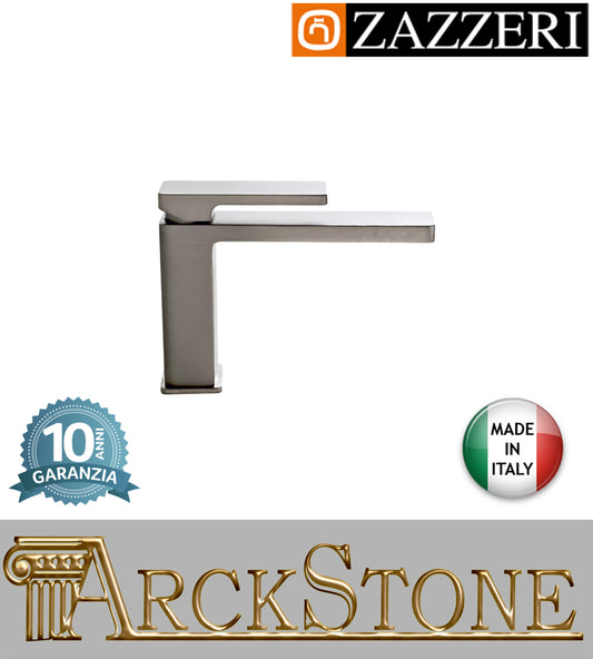 Miscelatore lavabo 170xh112mm marca Zazzeri modello Qquadro senza piletta scarico completo ECO finitura acciaio spazzolato appoggio rubinetto rubinetteria arredamento casa cromo arredo bagno garanzia 10 anni made in italy