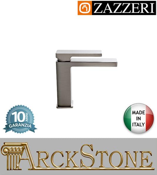 Miscelatore lavabo 125Xh112 mm marca Zazzeri modello Qquadro senza piletta scarico completo ECO finitura acciaio spazzolato appoggio rubinetto rubinetteria arredamento cromo arredo bagno garanzia 10 anni made in italy