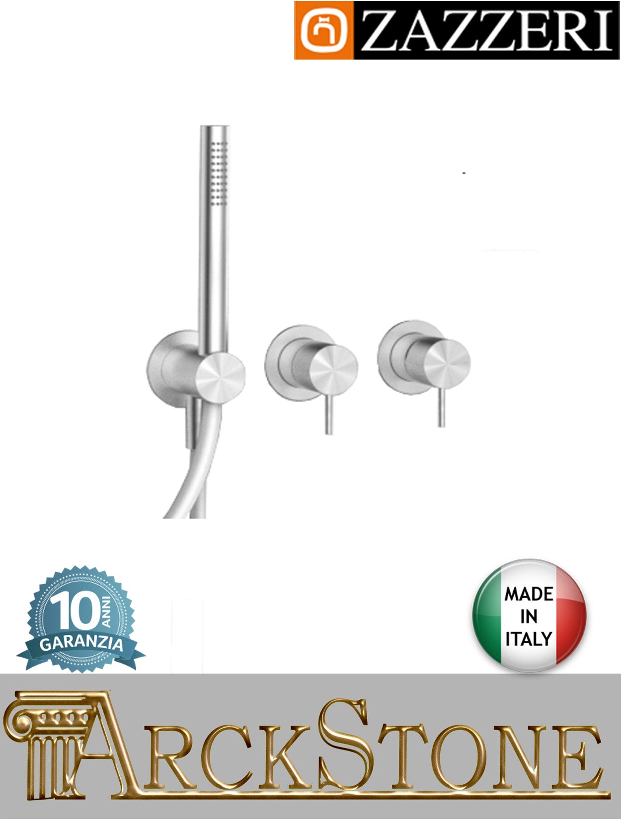 Miscelatore doccia marca Zazzeri modello Z316 Mono 3300B401A01+3300A401AA1ASAS finitura acciaio inox spazzolato parete incasso completo muro doccetta flessibile attacco presa acqua senza piastra deviatore rubinetteria mix garanzia 10 anni