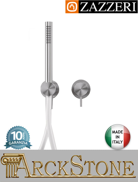 Miscelatore doccia marca Zazzeri modello Z316 Mono 3300B402A00+3300A402AA0+3300Q419A00ASAS finitura acciaio inox spazzolato parete incasso completo muro doccetta flessibile attacco presa acqua senza piastra deviatore rubinetteria mix garanzia 10 anni