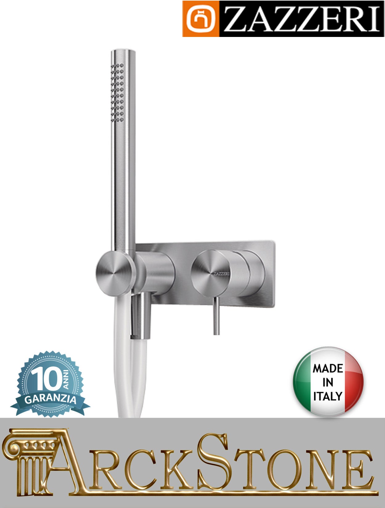 Miscelatore doccia marca Zazzeri modello Z316 Mono finitura acciaio inox spazzolato parete incasso completo muro doccetta flessibile attacco presa acqua deviatore rubinetteria mix garanzia 10 anni