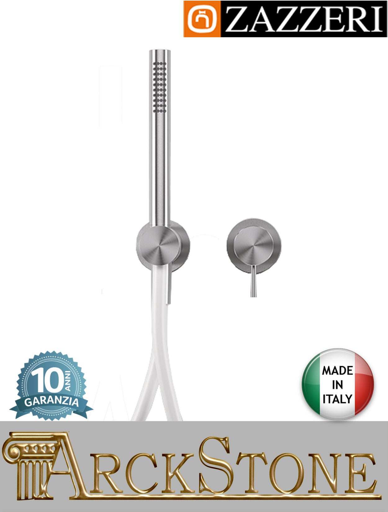 Miscelatore doccia marca Zazzeri modello Z316 Mono finitura acciaio inox spazzolato parete incasso completo muro doccetta flessibile attacco presa acqua senza piastra deviatore rubinetteria mix garanzia 10 anni