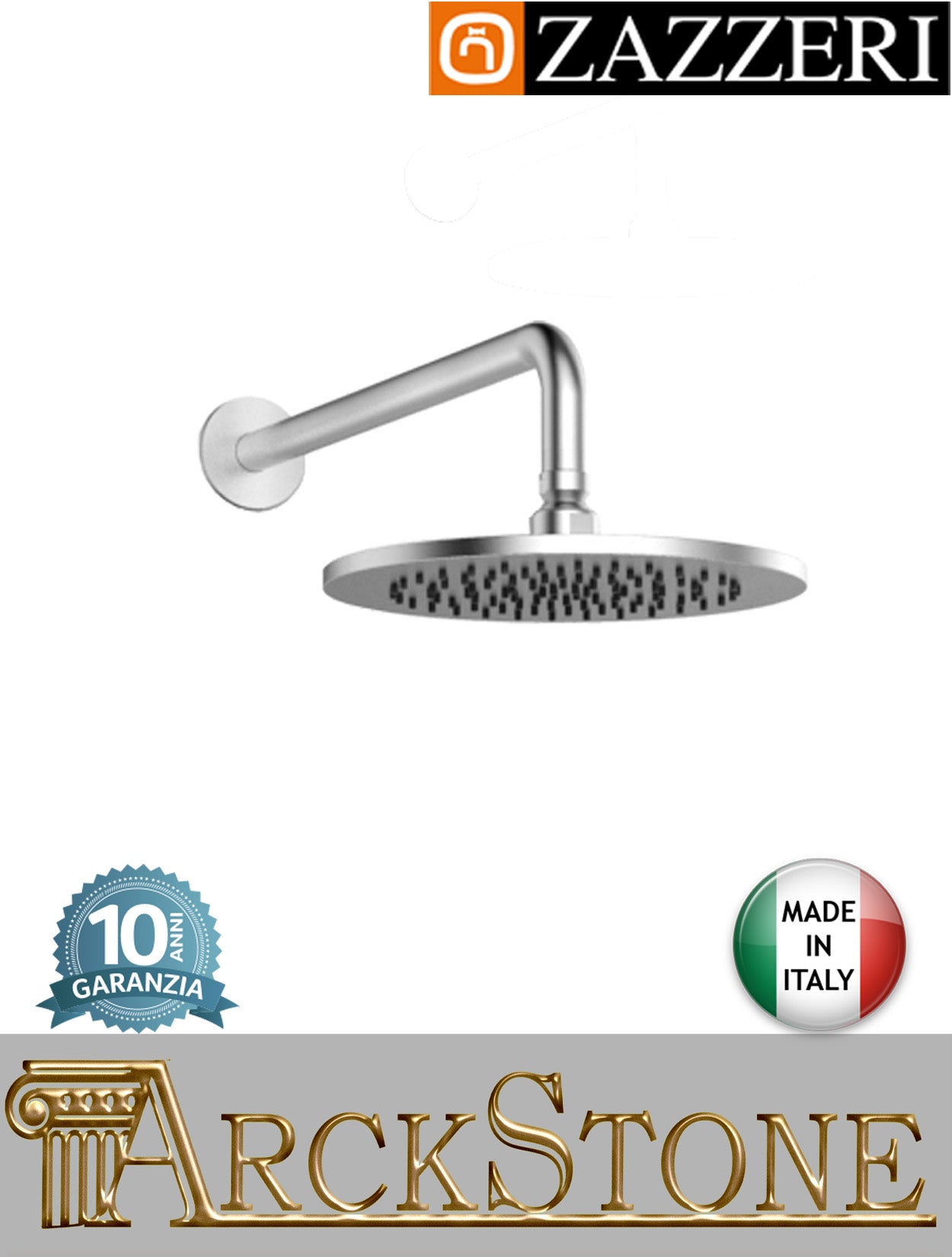 Braccio soffione doccia Ø220 mm marca Zazzeri modello Z316 Mono finitura acciaio inox spazzolato ispezionabile parete anticalcare rubinetteria arredo bagno azienda muro acqua casa garanzia 10 anni qualità made in it