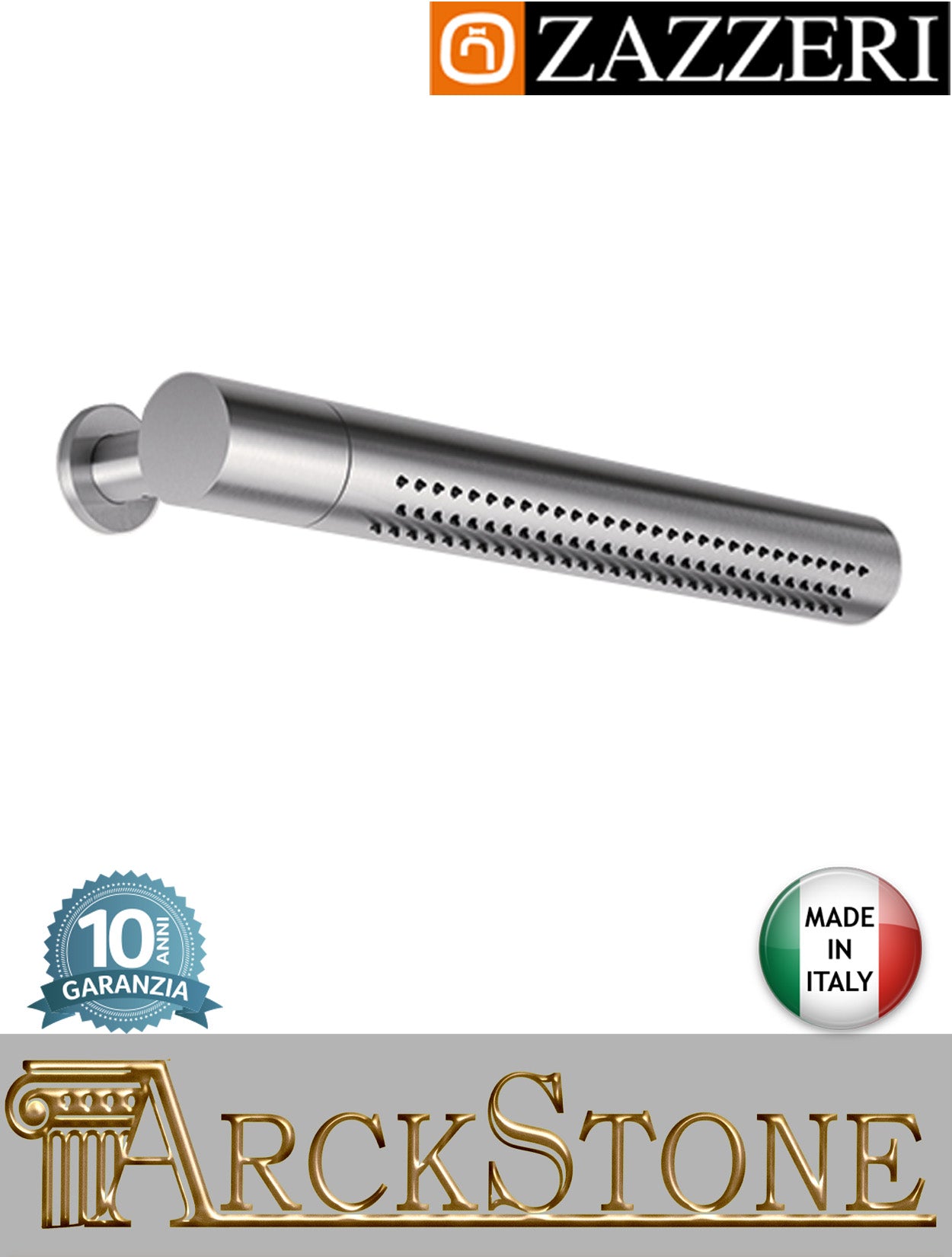 Soffione doccia marca Zazzeri modello Z316 Mono finitura acciaio inox spazzolato girevole orizzontale parete muro completo anticalcare rubinetteria arredamento arredo bagno acqua garanzia 10 anni qualità made in ita