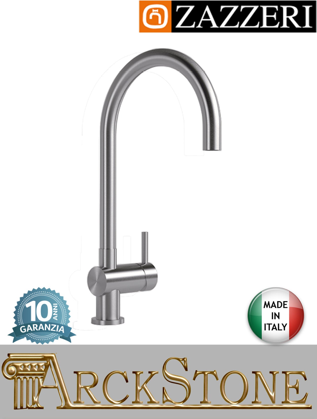 Miscelatore lavello marca Zazzeri modello Z316 Mono finitura acciaio inox spazzolato appoggio monoforo collo girevole rubinetto rubinetteria fontana mix acqua arredo cucina casa home garanzia 10 anni qualità