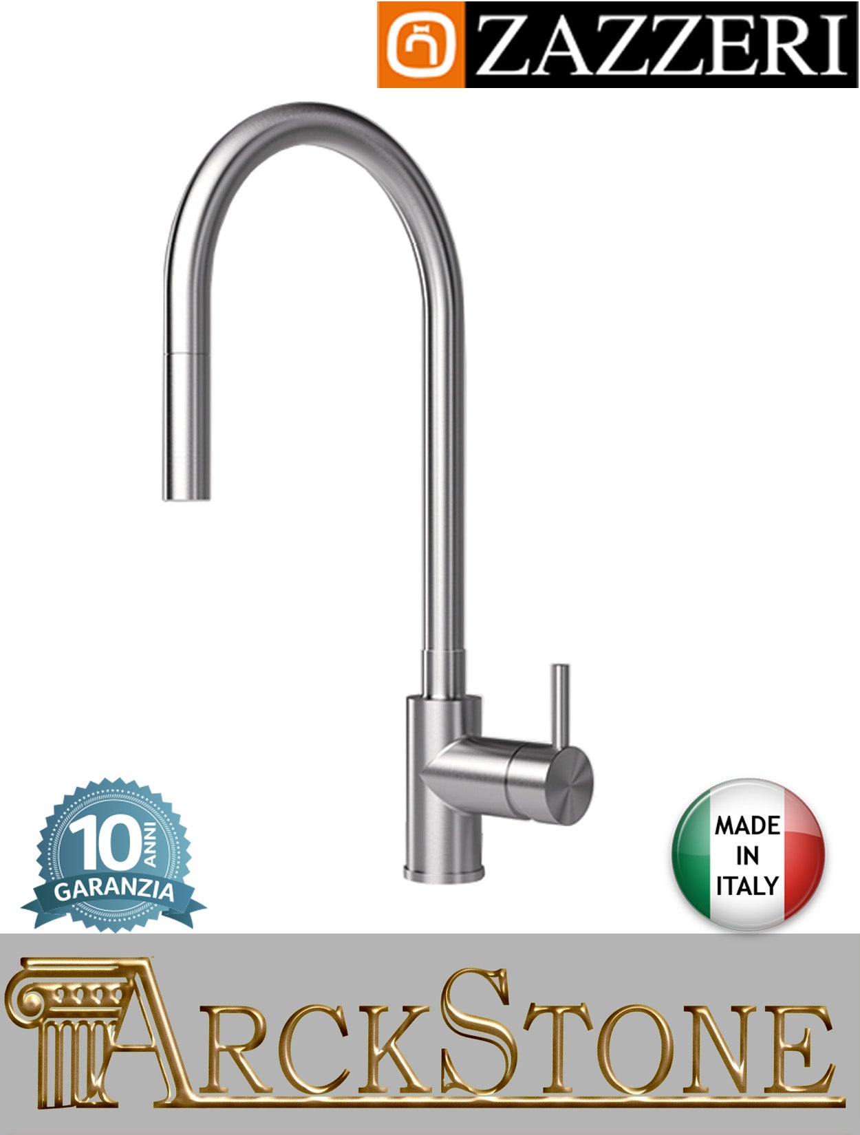 Miscelatore lavello marca Zazzeri modello Z316 Mono finitura acciaio inox spazzolato appoggio monoforo collo girevole rubinetto doccetta estraibile rubinetteria fontana mix acqua arredo cucina casa home garanzia 10 anni qualità made in ita
