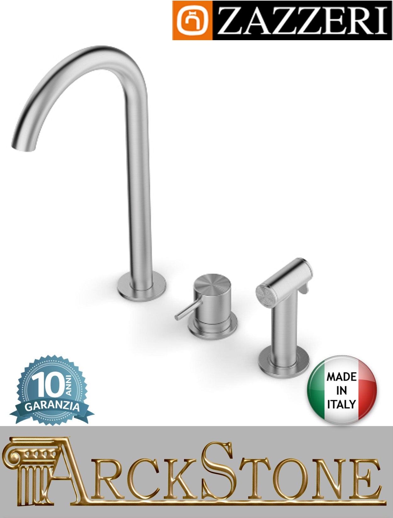 Miscelatore lavello marca Zazzeri modello Z316 Mono finitura acciaio inox spazzolato appoggio monoforo remoto collo girevole rubinetto doccetta estraibile Spay rubinetteria fontana mix acqua arredo cucina garanzia 10 anni qualità