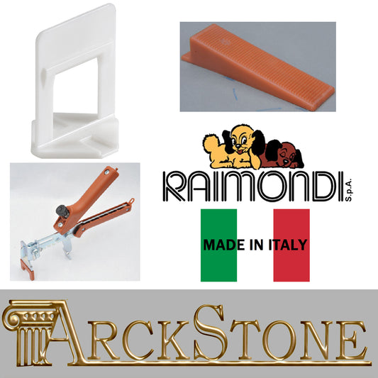 2000 Basette Raimondi RLS per piastrelle con altezza da 12 a 20 mm e fuga da 1,5 mm + 250 cunei Raimondi  + 1 pinza pavimento Raimondi