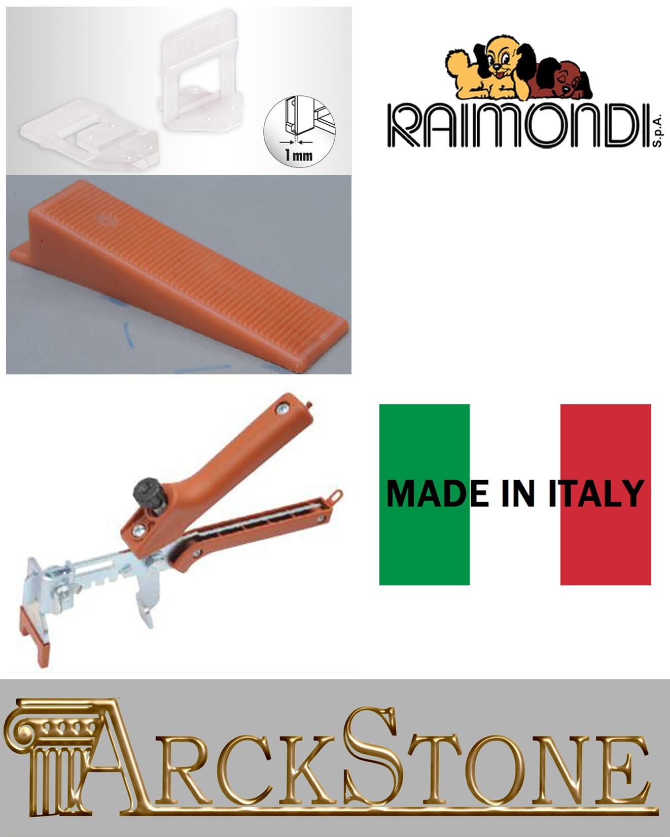 Raimondi Levelling System R.L.S. 1500 Basi Distanziatori Auto Livellanti per fuga piastrelle da 1 mm e Altezza Mattonella da 3 a 12 mm + 500 Cunei + 1 Pinza Per Applicare le Mattonelle a Pavimento