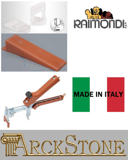 Raimondi Levelling System R.L.S. 1500 Basi Distanziatori Auto Livellanti per fuga piastrelle da 1 mm e Altezza Mattonella da 3 a 12 mm + 500 Cunei + 1 Pinza Per Applicare le Mattonelle a Pavimento