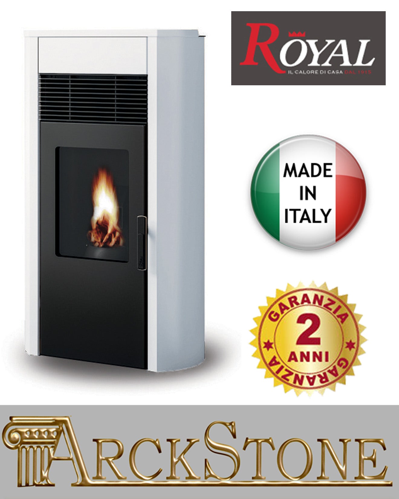 Stufa Pellet Aria Calda Ventilata Royal Palazzetti Roberta Air 80 Bianco 9,3 Kw Economica Braciere Ghisa Focolare Calore Ampio Cassetto Cenere Estraibile Rivestimento Acciaio Top Ceramica Display Comandi Sfioramento Orario Canalizzabile Esterno Pulizia   