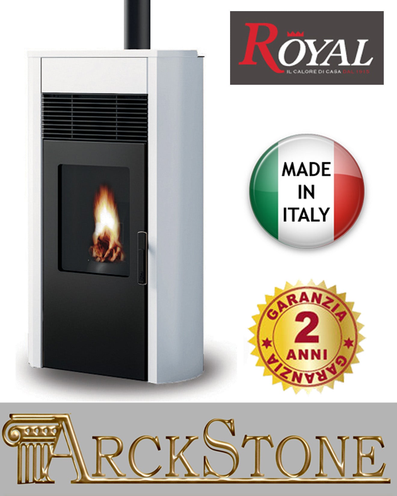Stufa Pellet Aria Ventilata Royal Palazzetti Roberta Air 80 US Bianco 9,3 Kw Uscita Fumi Superiore Braciere Ghisa Ampio Cassetto Cenere Estraibile Rivestimento Acciaio Top Ceramica Display Comandi Sfioramento Orario Canalizzabile Esterno