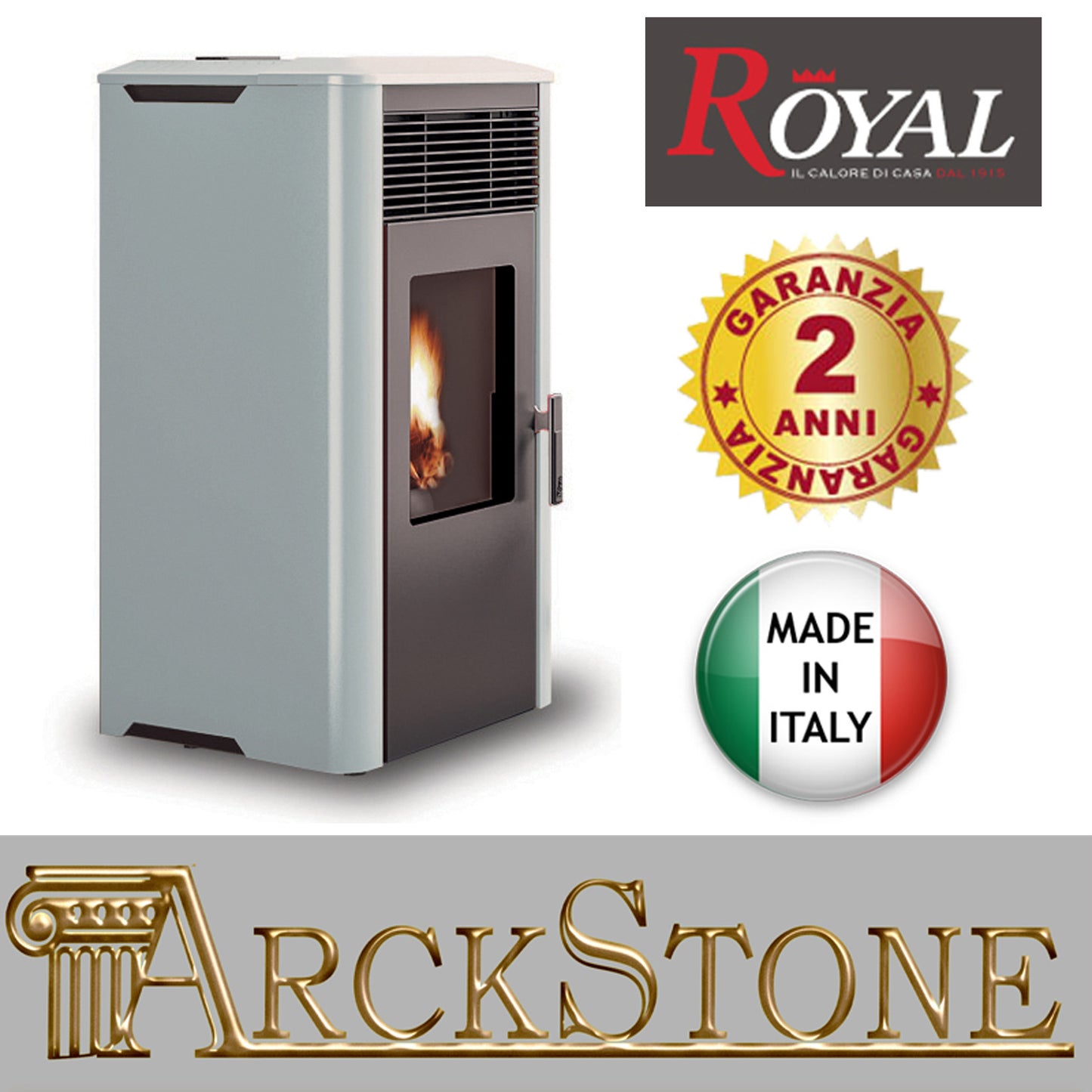 Stufa Pellet Aria Ventilata Marca Royal Palazzetti Ilena Air 80 Bianco 9,3Kw Economica Braciere Ghisa Alto Spessore Focolare Calore Ampio Cassetto Cenere Estraibile Rivestimento Acciaio Top Ceramica Display Comandi Sfioramento Orario Canalizzabile Esterna