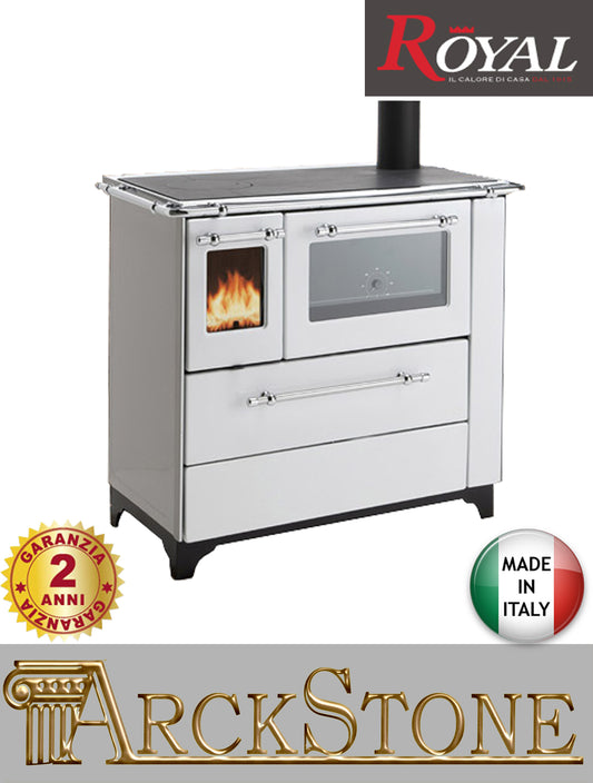 Royal Palazzetti Betty 4,5 Cucina Stufa Legna Forno Riscaldamento Aria Convezione Naturale Irraggiamento Focolare Refrattario Doppia Combustione Raccordo Fumi Posteriore Superiore Laterale Termometro Piano Cottura Rivestimento Colore Bianco Potenza 6,3KW 