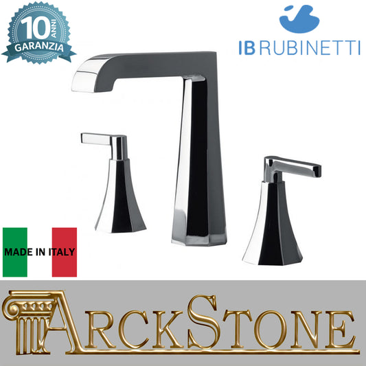 Miscelatore lavabo tre fori bocca alta completo di piletta di scarico Click-Clack marca IB rubinetti modello Belmondo Elle rubinetteria rubinetto ottone cromato bagno casa Rivenditore Autorizzato Campania Arredamento Arredo Finitura Cromo Fontana 