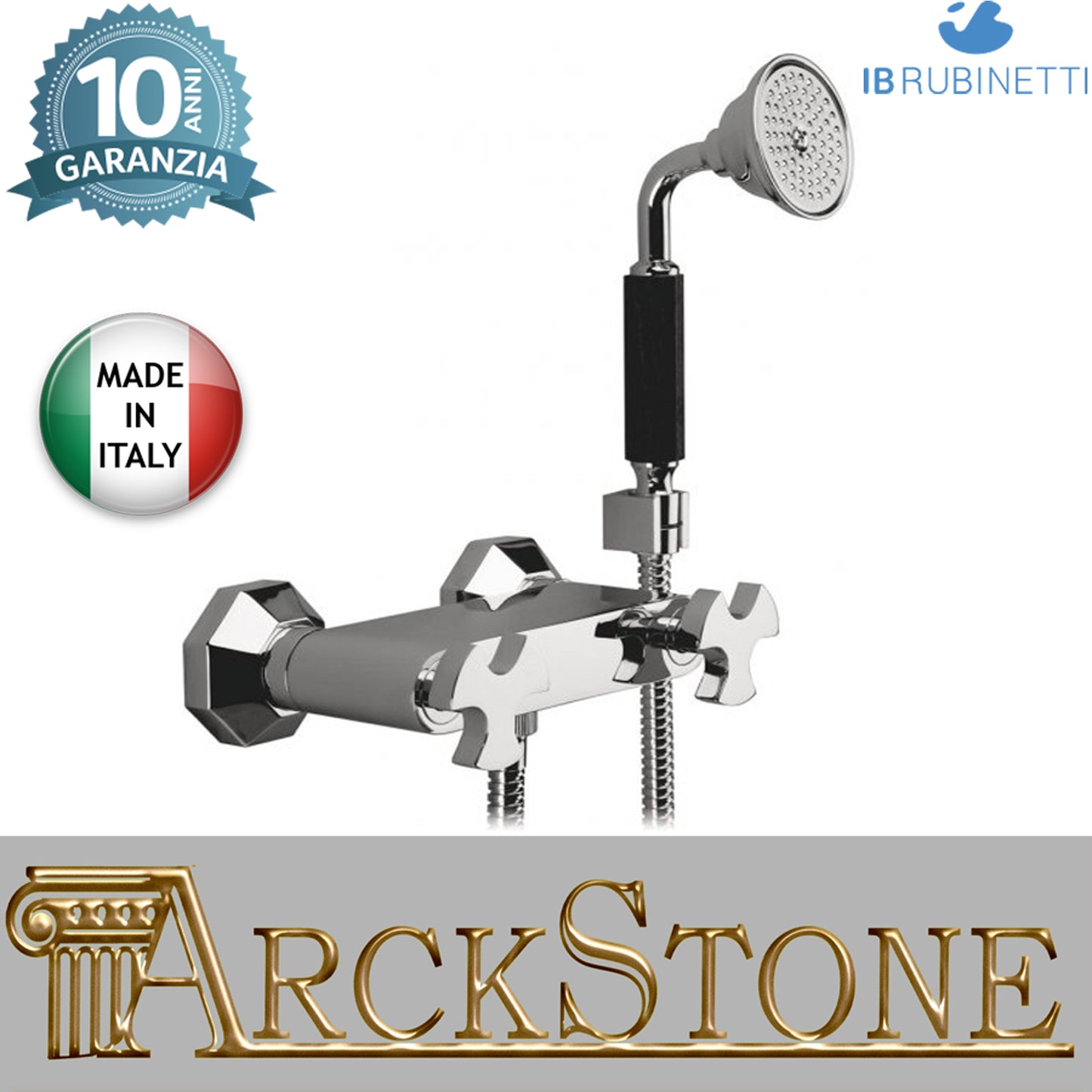 Miscelatore doccia a parete esterno completo di kit doccia marca IB rubinetti modello Belmondo rubinetteria rubinetto ottone cromato muro bagno Rivenditore Autorizzato Campania Arredamento Arredo Finitura Cromo Fontana Acqua 10 anni garanzia qualità