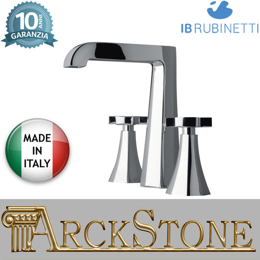 Miscelatore lavabo tre fori bocca alta completo di piletta di scarico Click-Clack marca IB rubinetti modello Belmondo rubinetteria rubinetto ottone cromato casa bagno Rivenditore Autorizzato Campania Arredamento Arredo Finitura Cromo Fontana Acqua qualità