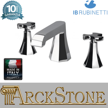 Miscelatore lavabo tre fori bocca bassa completo di piletta di scarico Click-Clack marca IB rubinetti modello Belmondo rubinetteria rubinetto ottone cromato bagno Rivenditore Autorizzato Campania Arredamento Arredo Finitura Cromo Fontana Acqua qualità