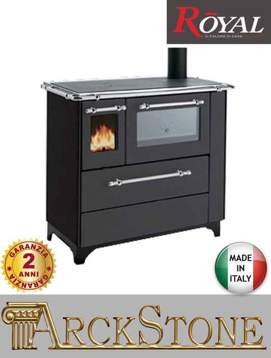 Royal Palazzetti Betty 4,5 Cucina Stufa Legna Forno Riscalda Aria Convezione Naturale Irraggiamento Focolare Refrattario Doppia Combustione Raccordo Fumi Posteriore Superiore Laterale Termometro Piano Rivestimento Colore Canna di Fucile Potenza 6,3 KW 
