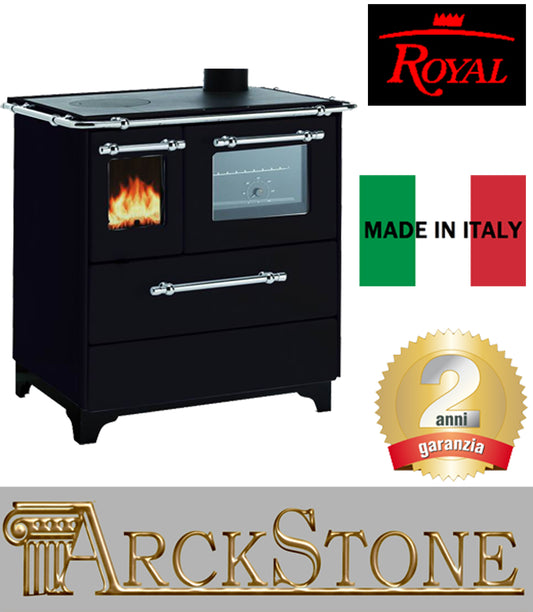 Royal Palazzetti Betty 3,5 Cucina Stufa a Legna con Forno Riscaldamento ad Aria Naturale Irraggiamento in Acciaio Smaltato Nero Colore Canna di Fucile 6,3 KW
