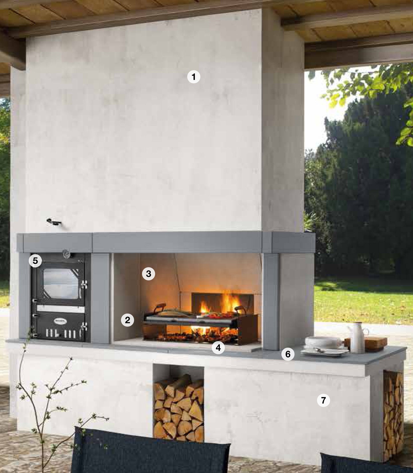 Palazzetti in Giardino Linosa Modulo Grill con Forno in Acciaio e Ampio Appoggio Focolare Elevato Spessore Barbecue Legna Piano Fuoco 116x70 Cassetto Cenere Basamento in Marmotech (graniglia di Marmo) Misura 292x101x232 cm 2000kg