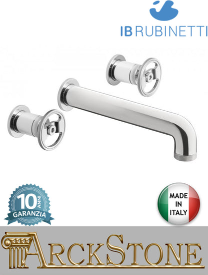 Miscelatore lavabo marca IB Rubinetti modello Bold Round finitura ottone cromato parete incasso tre fori leve tonde piletta scarico click-clack muro rubinetteria fontana rubinetto cromo mix bagno campania napoli garanzia 10 anni qualità made in italy