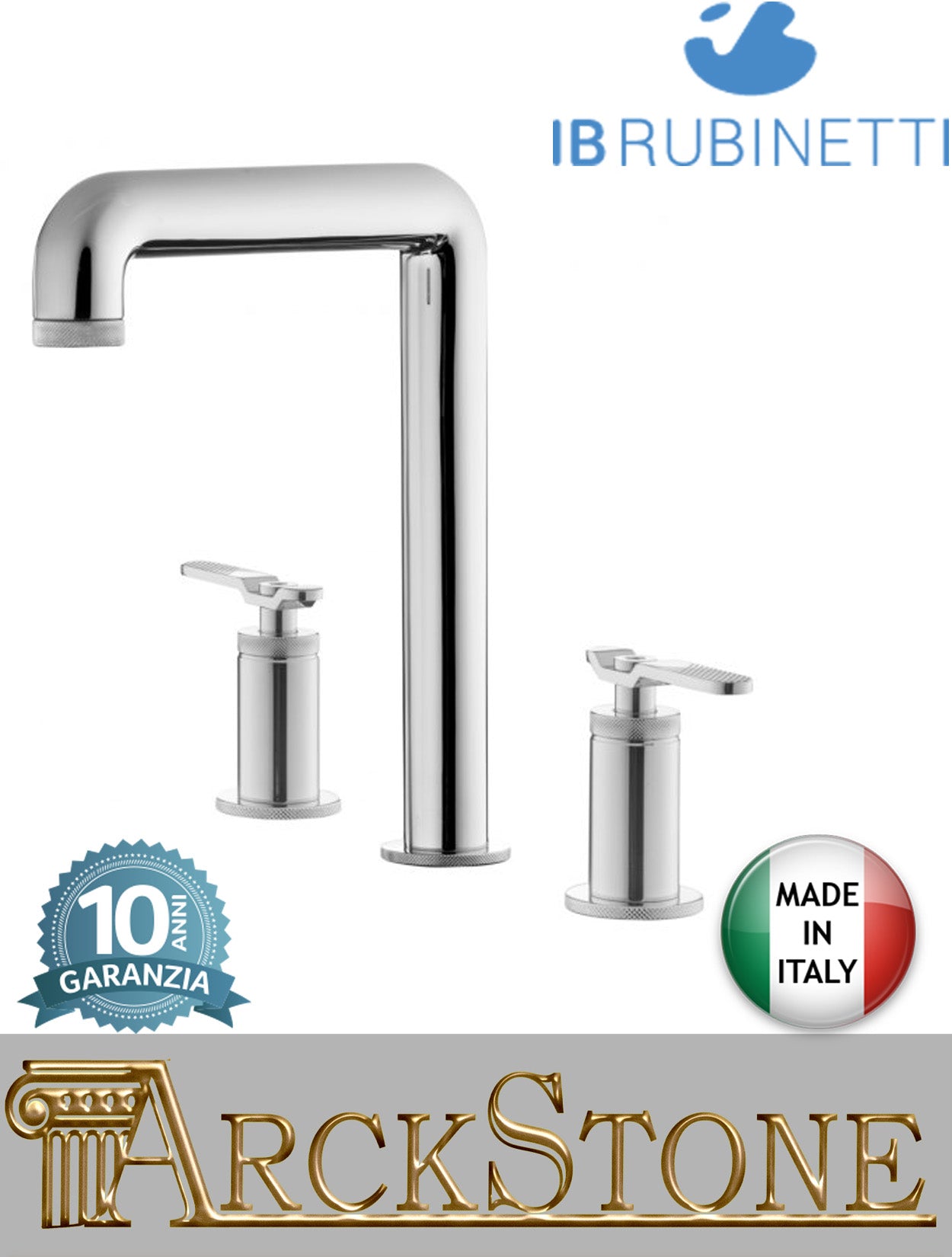 Miscelatore lavabo alto marca IB Rubinetti modello Bold Lever Flat finitura ottone cromato appoggio tre fori due leve piatte rubinetto rubinetteria cromo fontana mix acqua bagno completo piletta scarico click-clack garanzia 10 anni qualità made in italy