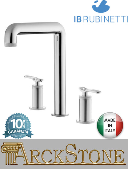 Miscelatore lavabo alto marca IB Rubinetti modello Bold Lever Flat finitura ottone cromato appoggio tre fori due leve piatte rubinetto rubinetteria cromo fontana mix acqua bagno completo piletta scarico click-clack garanzia 10 anni qualità made in italy