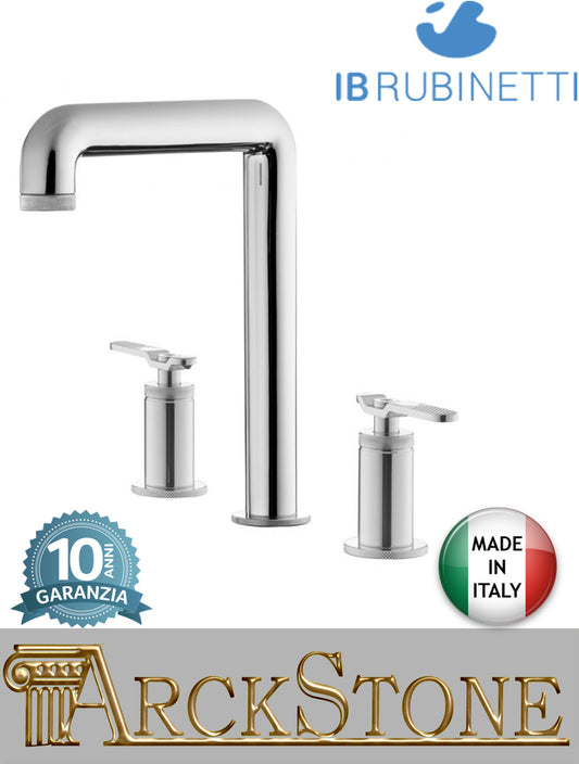 Miscelatore lavabo alto marca IB Rubinetti modello Bold Lever Flat finitura ottone cromato appoggio tre fori due leve piatte rubinetto rubinetteria cromo fontana mix acqua bagno completo piletta scarico click-clack garanzia 10 anni qualità made in italy