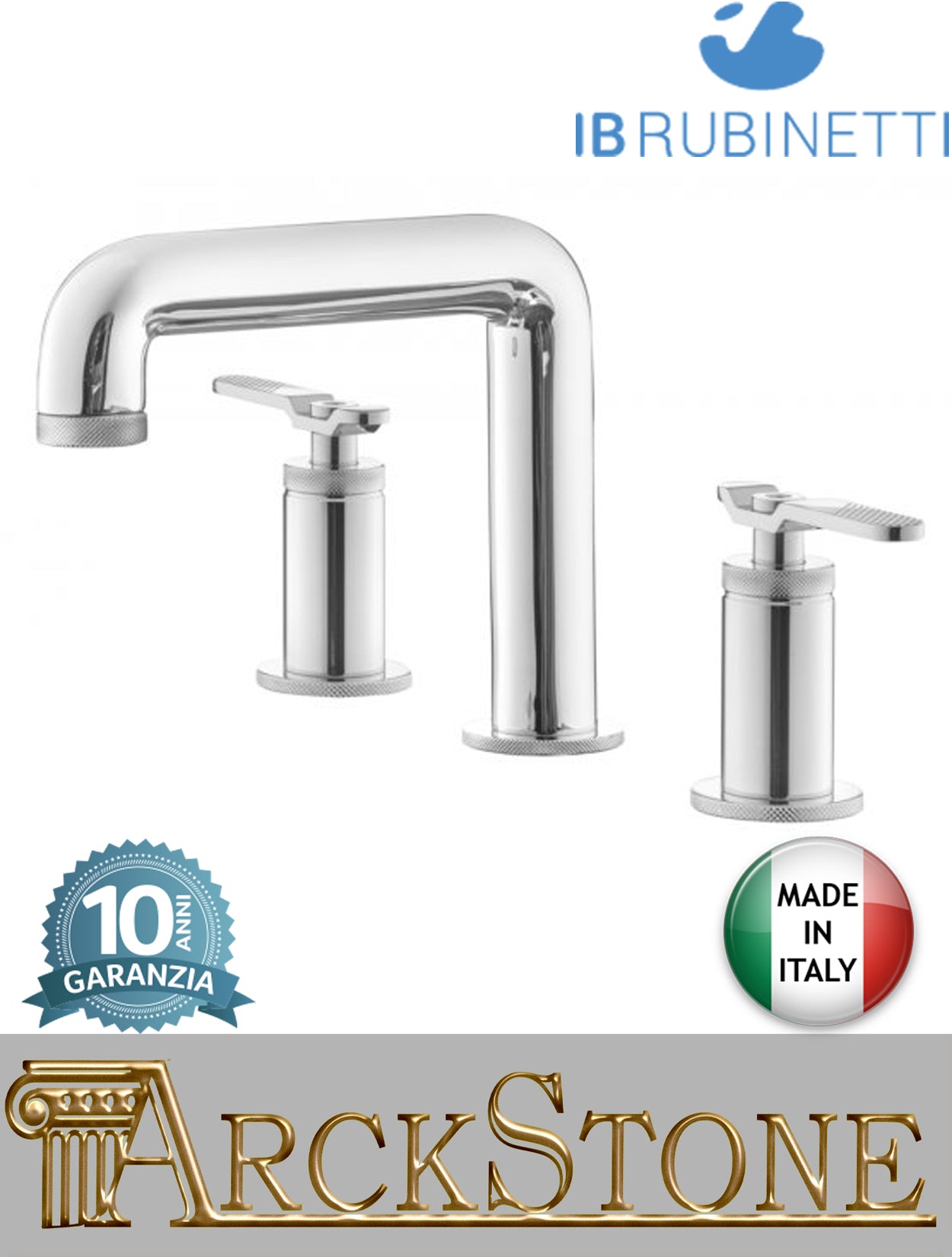 Miscelatore lavabo bassa marca IB Rubinetti modello Bold Lever Flat finitura ottone cromato appoggio tre fori due leve piatte rubinetto rubinetteria cromo fontana mix acqua bagno completo piletta scarico click-clack garanzia 10 anni qualità made in italy